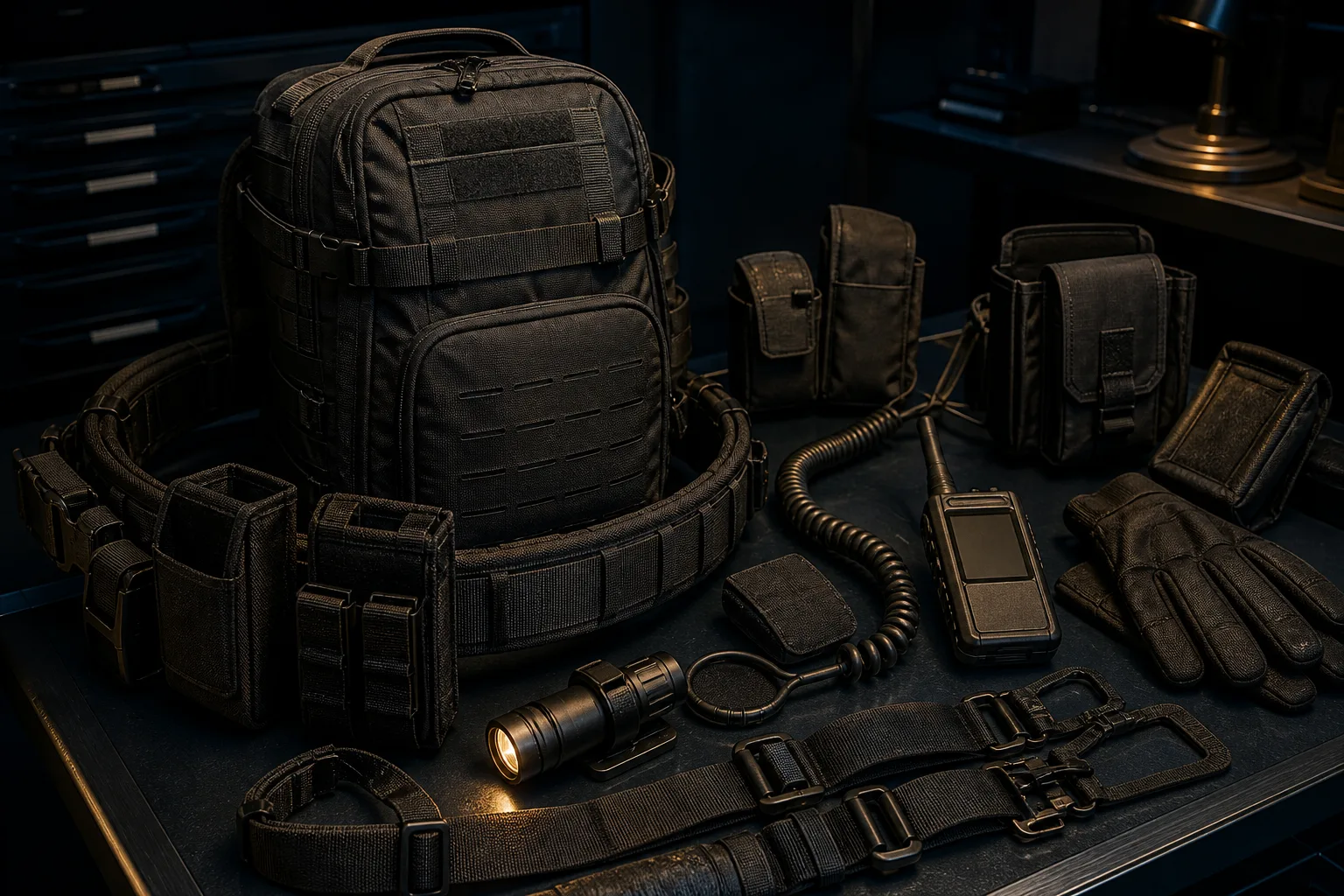 Concept still-life of a non-branded pack, modular carriage equipment and field accessories.