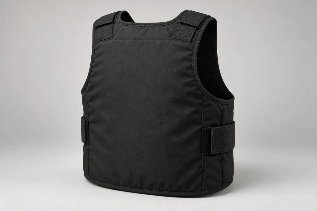 Illustrative plain black textile carrier from the rear three-quarter angle, showing shoulder and side adjustment areas.