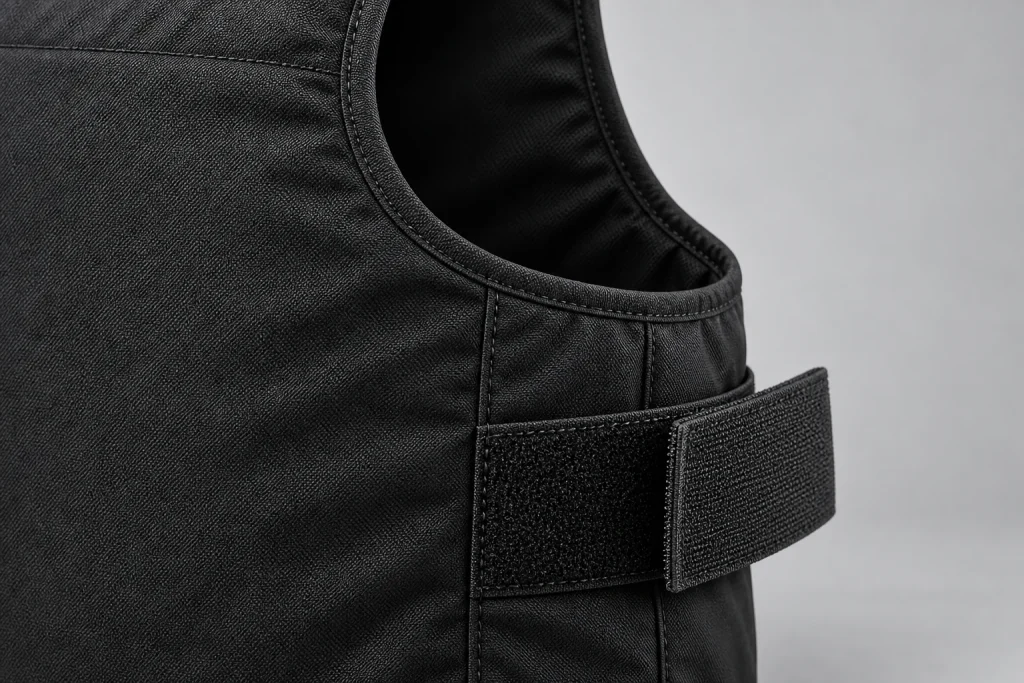 Illustrative close view of a black textile carrier arm opening, edge seam and side adjustment strap.
