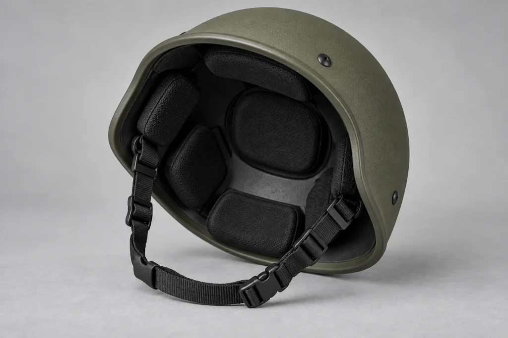 Illustrative olive full-cut helmet viewed into its interior, showing generic black comfort pads and a chin strap.
