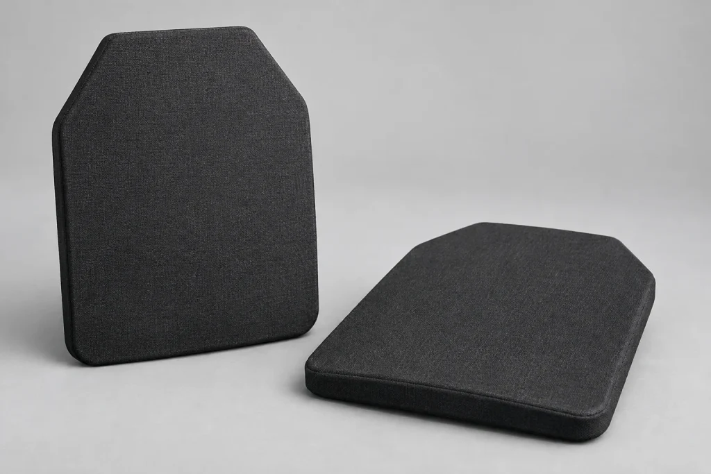 Two illustrative dark textile-covered torso insert forms shown without a carrier, with closed outer edges visible.