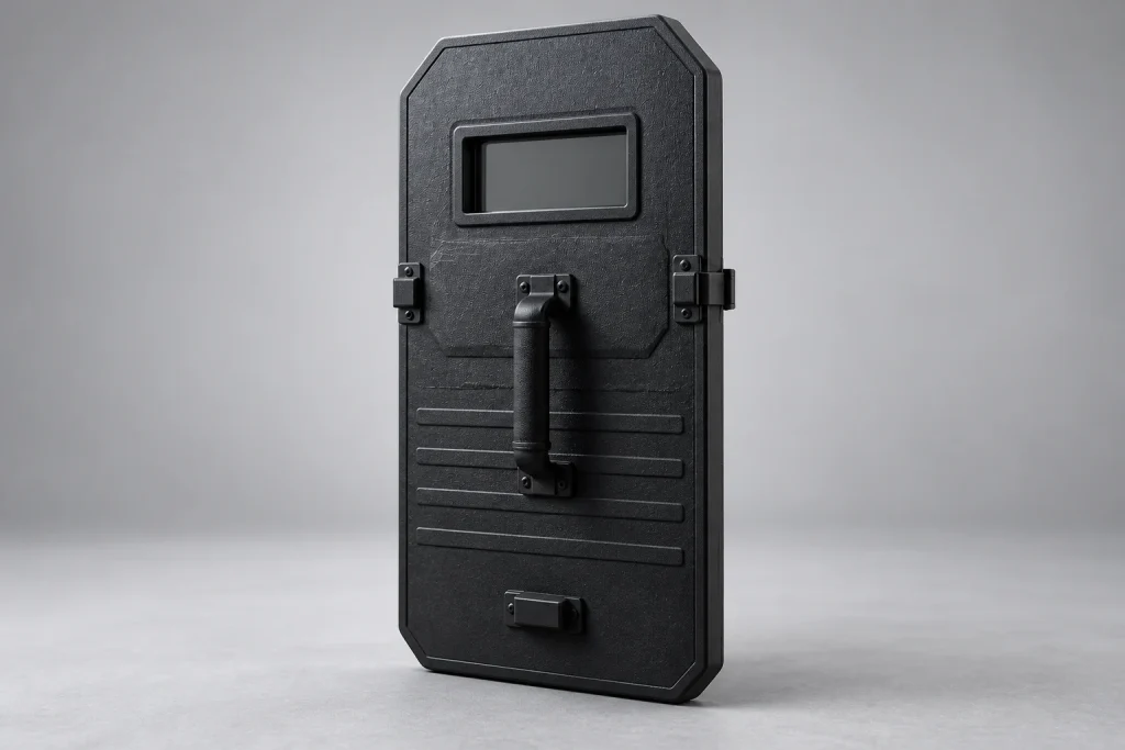 Illustrative dark shield viewed from its handling side, with a rectangular viewport, vertical grip and full lower edge visible.