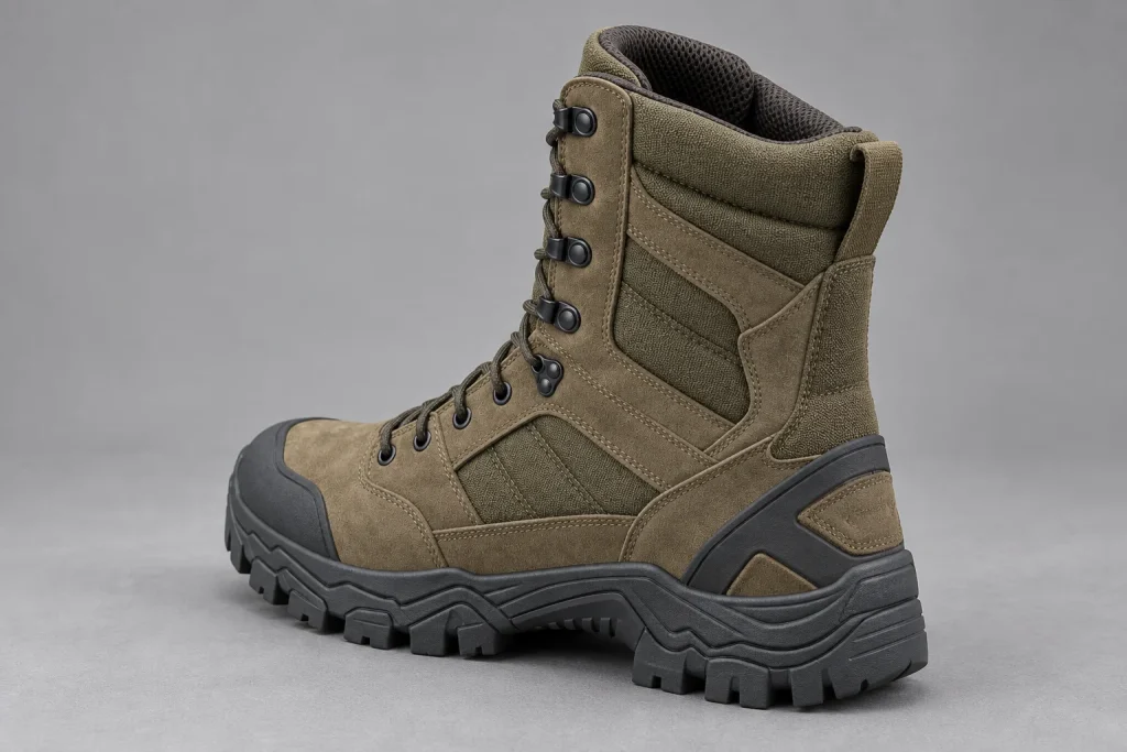 Illustrative olive and black high-cut lace-up boot viewed from the rear three-quarter angle, with the collar and heel visible.