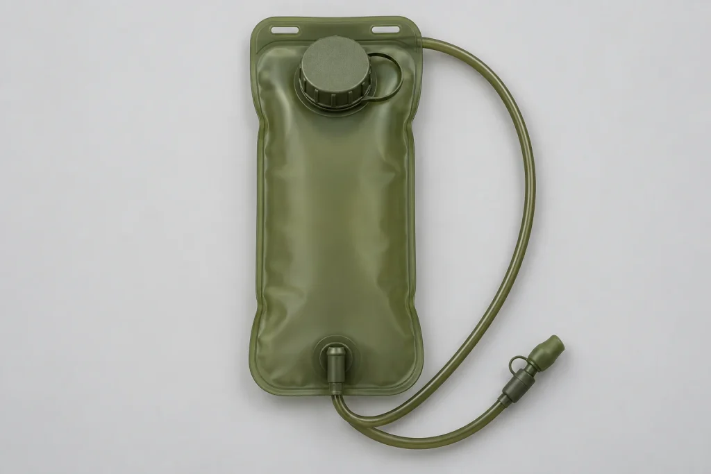 Illustrative olive hydration reservoir with a plain cap and a drinking tube, shown without surrounding equipment.