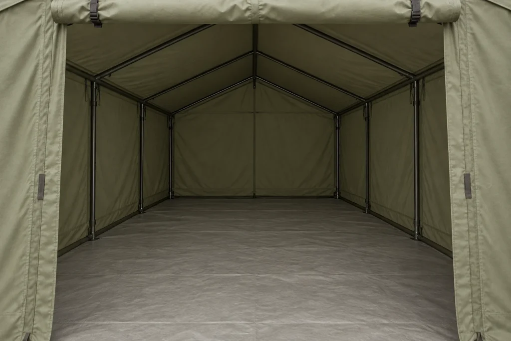 Illustrative empty olive-fabric shelter interior showing covered floor space and the open entrance.