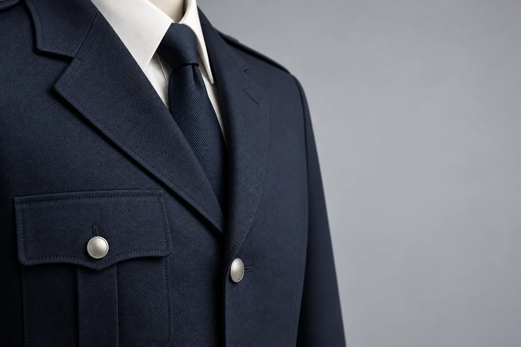 Illustrative navy service jacket lapel, plain button and breast pocket beside a white shirt and navy tie.