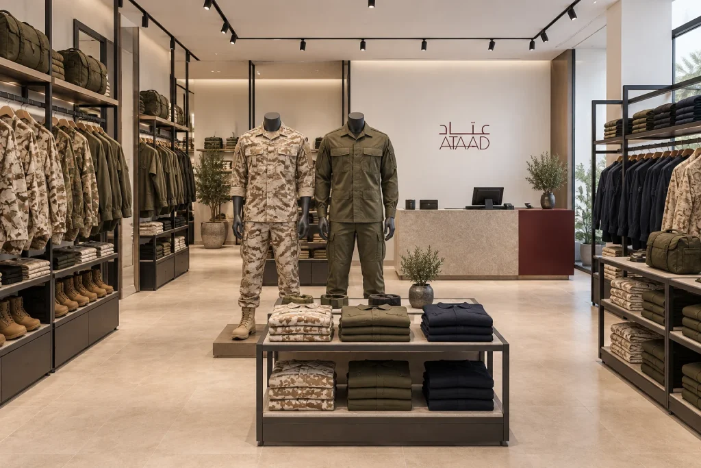 Concept interior of an ATAAD military clothing store, with desert camouflage and olive uniforms and a discreet ATAAD wall logo.