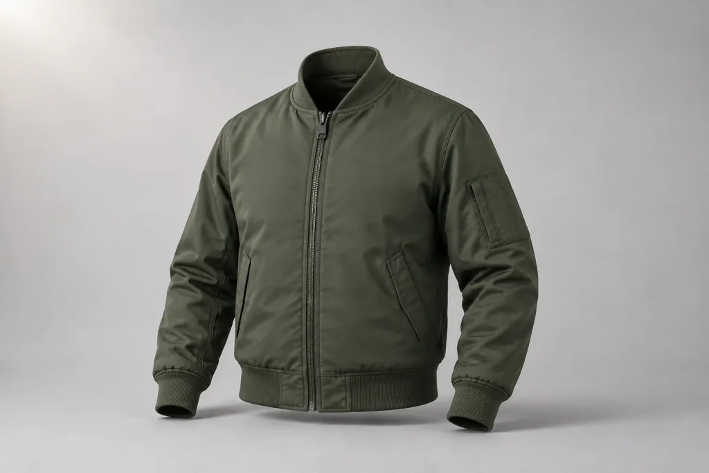 Illustrative sage crew outer jacket with zipped front and ribbed cuffs.
