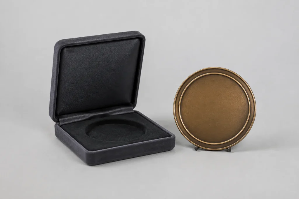 Illustrative plain round bronze-tone medallion beside an open presentation case.