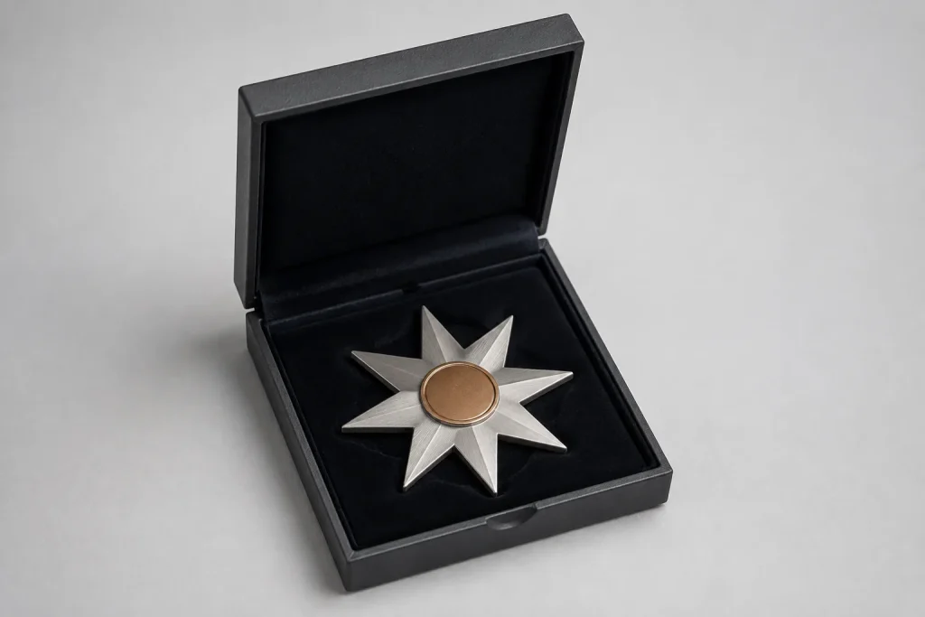 Illustrative silver-tone star decoration with a plain bronze centre in a presentation box.