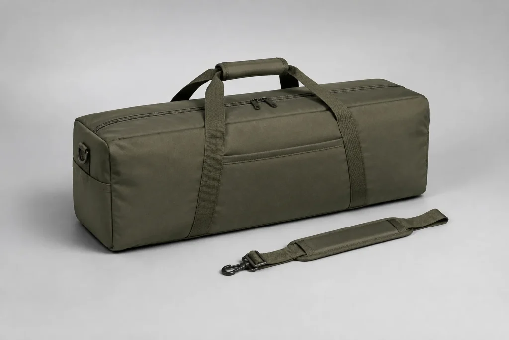 Illustrative olive deployment duffel with carry handles and a separate shoulder strap.