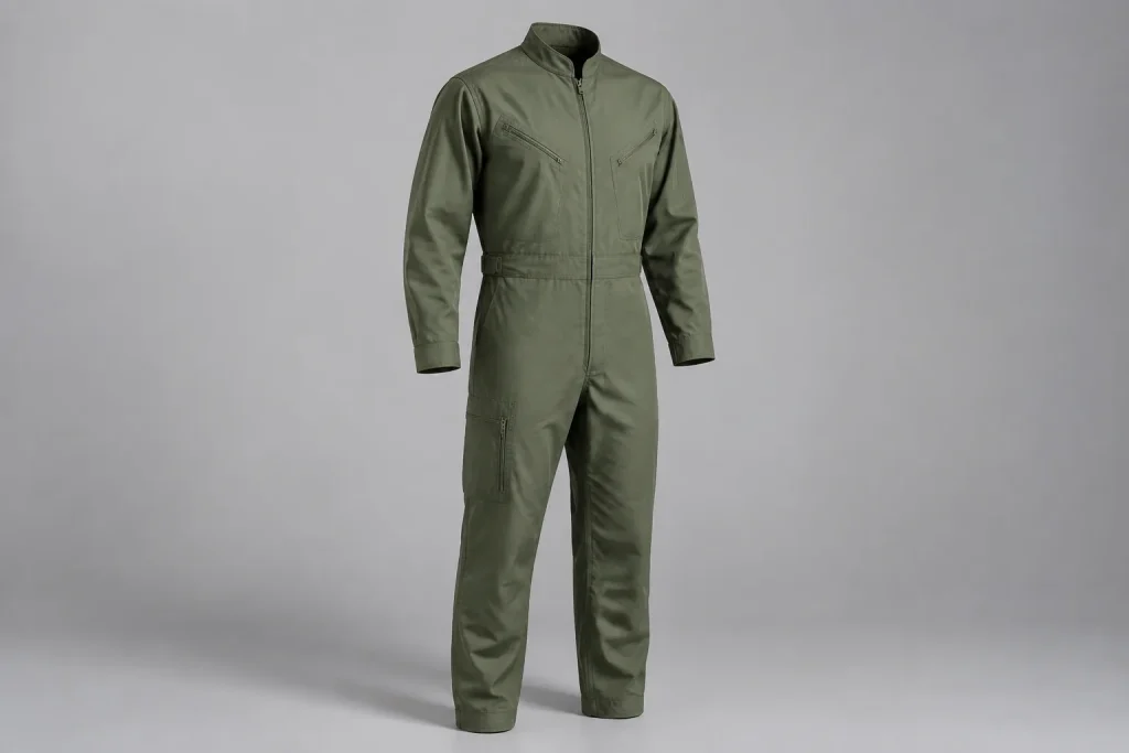 Illustrative sage one-piece flight-suit form with front zip and full-length legs.