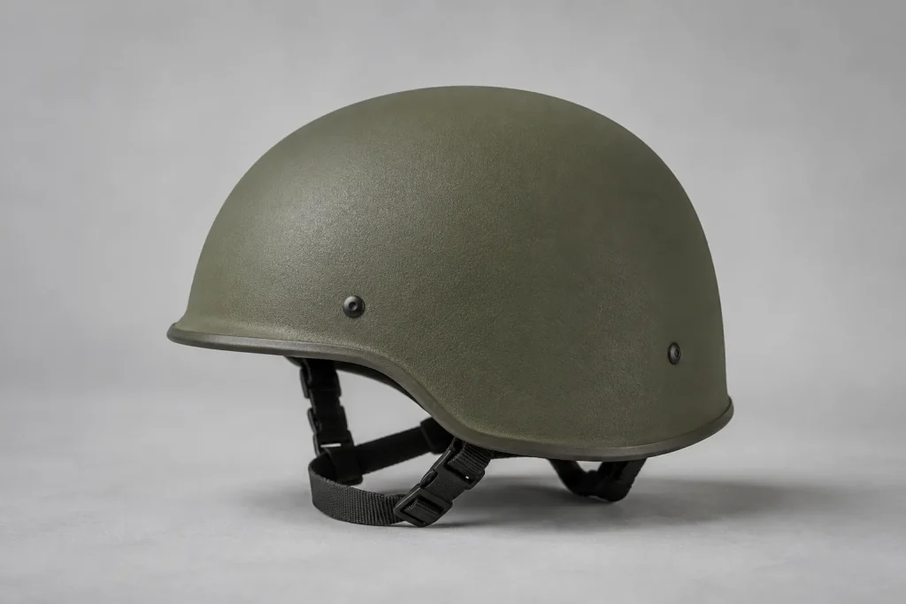 Illustrative olive full-cut helmet shell with a lower side skirt and black retention straps.