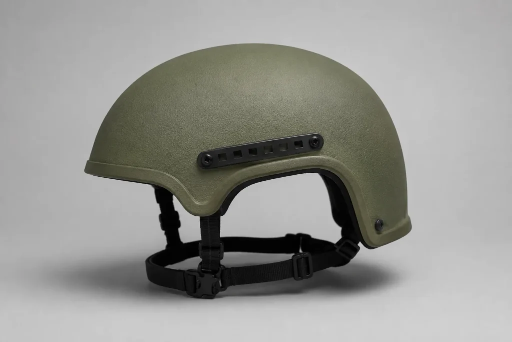 Illustrative olive high-cut helmet shell with a raised side opening and plain accessory rail.