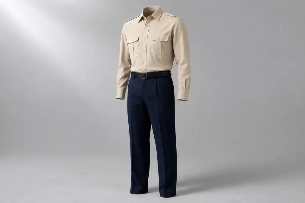 Illustrative stone-coloured long-sleeve service shirt with navy trousers.
