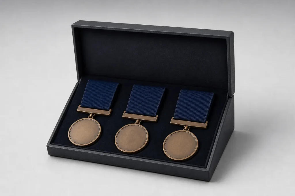 Illustrative set of three plain bronze-tone ribbon medals in a charcoal presentation box.