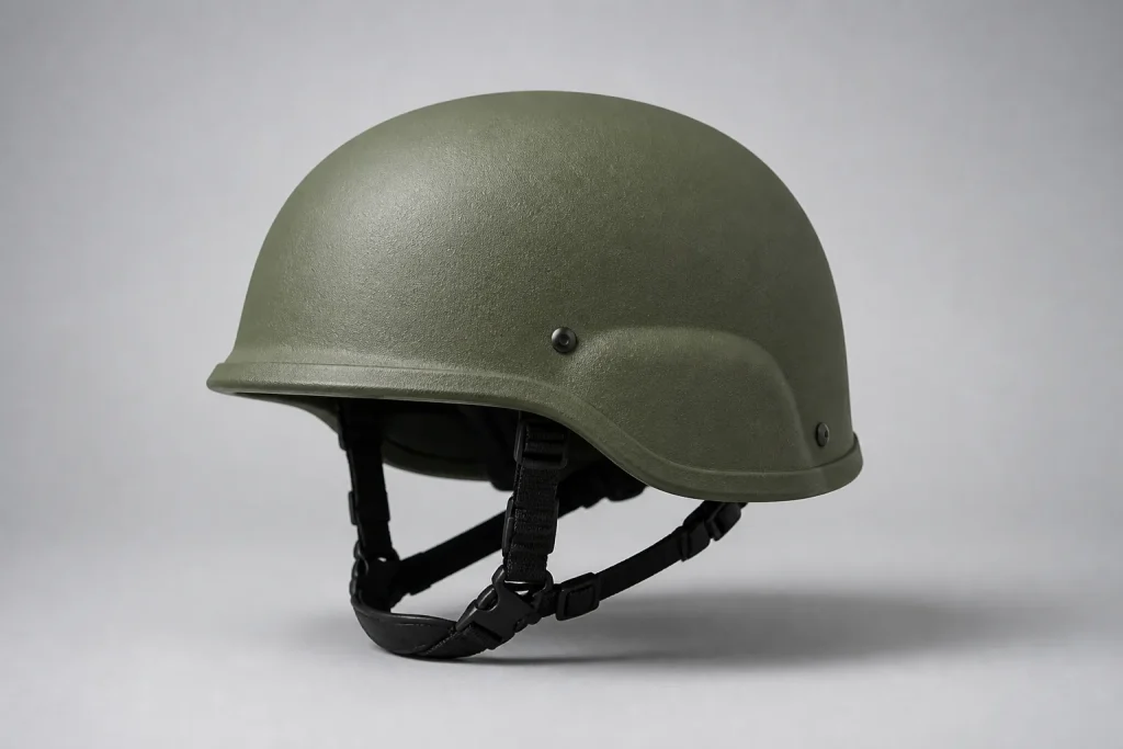 Illustrative olive mid-cut helmet shell with a shallow side opening and black retention straps.