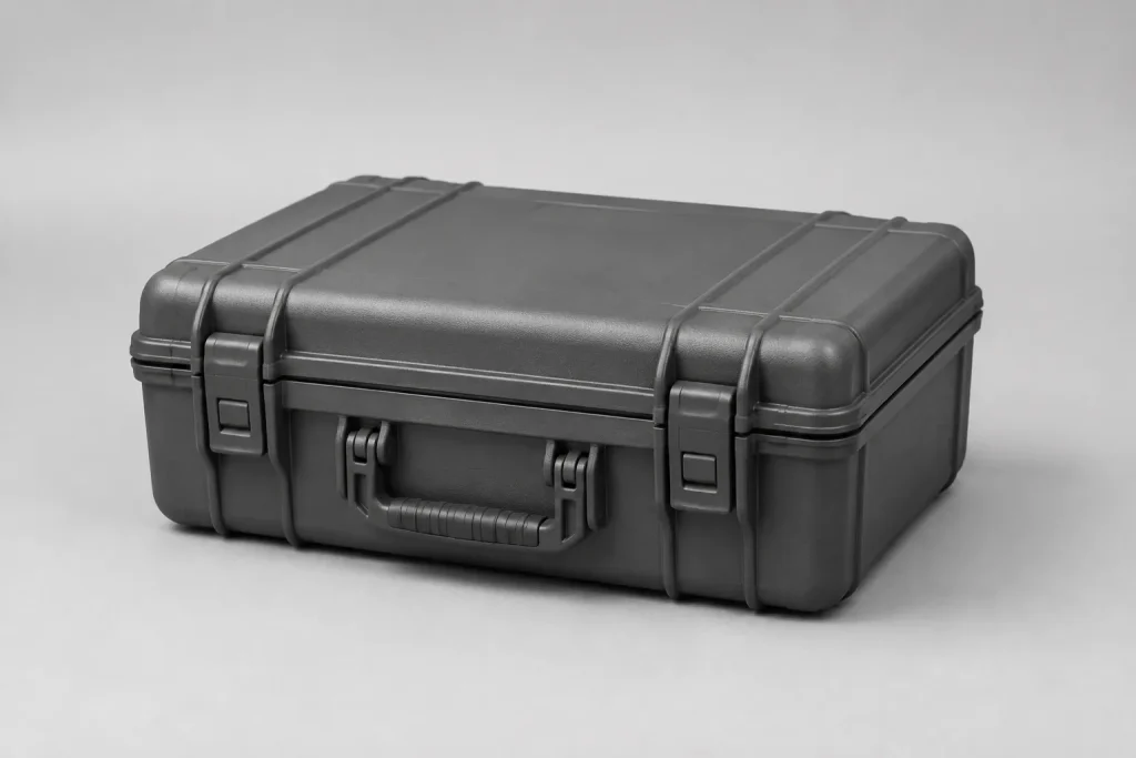 Illustrative graphite rigid equipment case with two latches and a carrying handle.