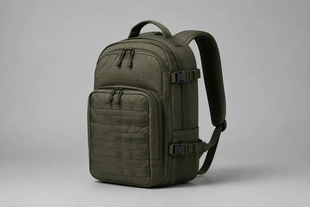 Illustrative olive patrol backpack with front webbing, zipped compartments and a padded shoulder strap.