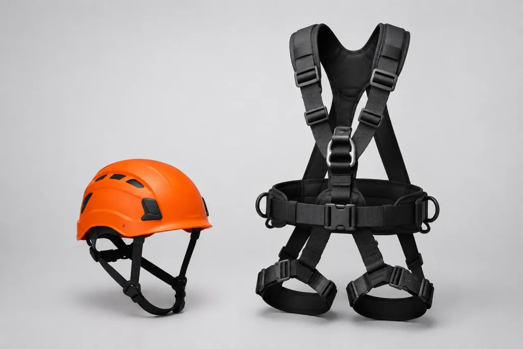 A complete harness and a separate orange helmet.