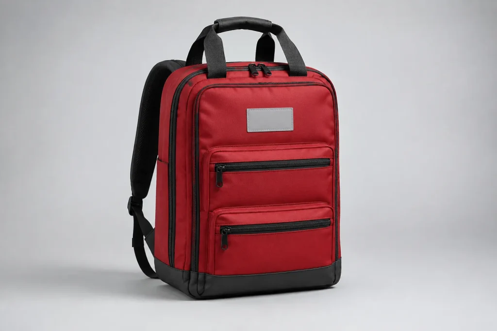 Closed red response pack with handles, front compartments and an unmarked panel.