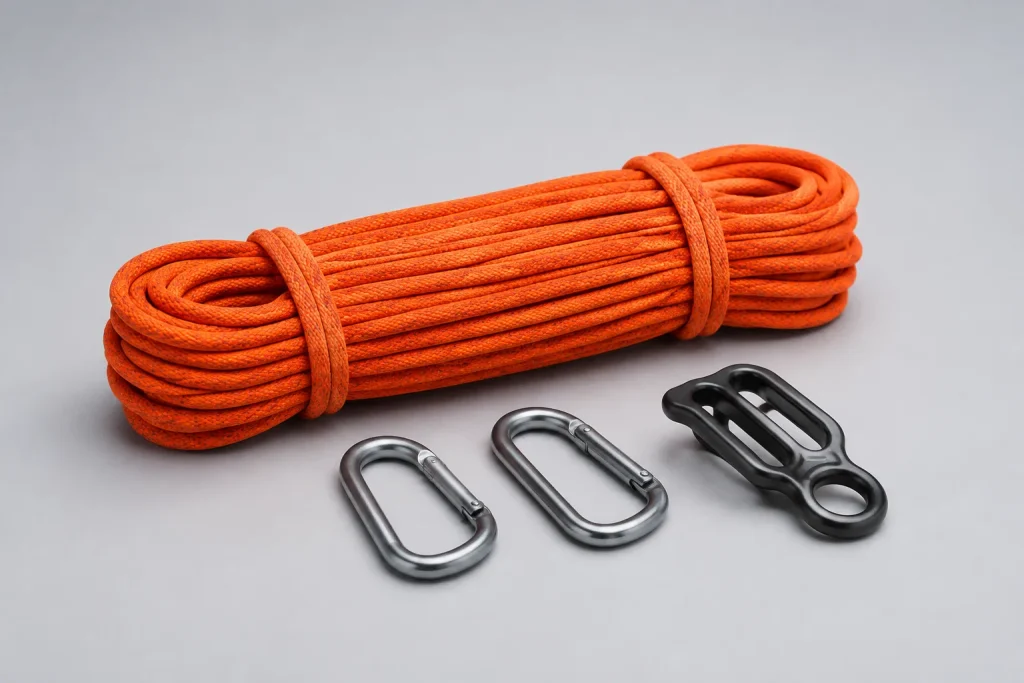 Coiled orange rope and separate connector-shaped hardware.