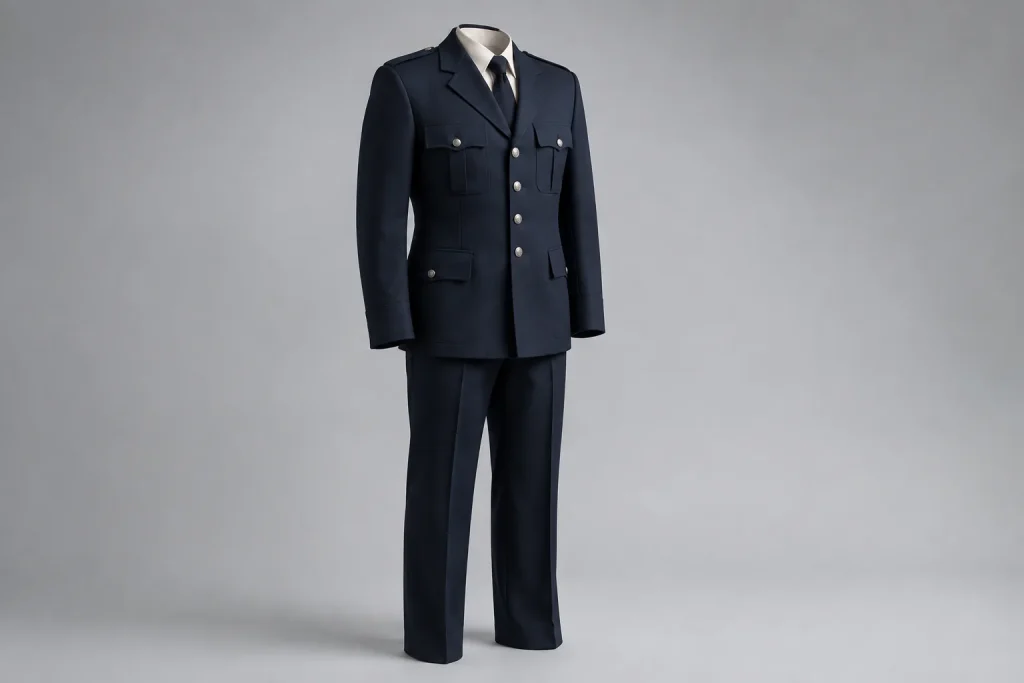 Illustrative navy service-dress jacket, shirt, tie and full-length trousers.