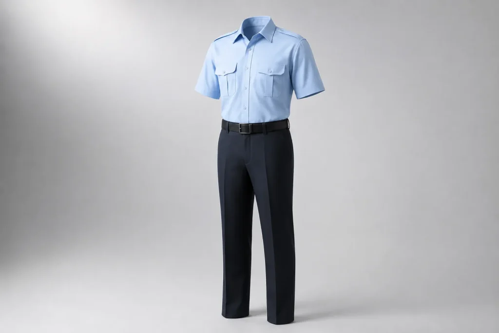 Illustrative pale-blue short-sleeve service shirt with navy trousers.