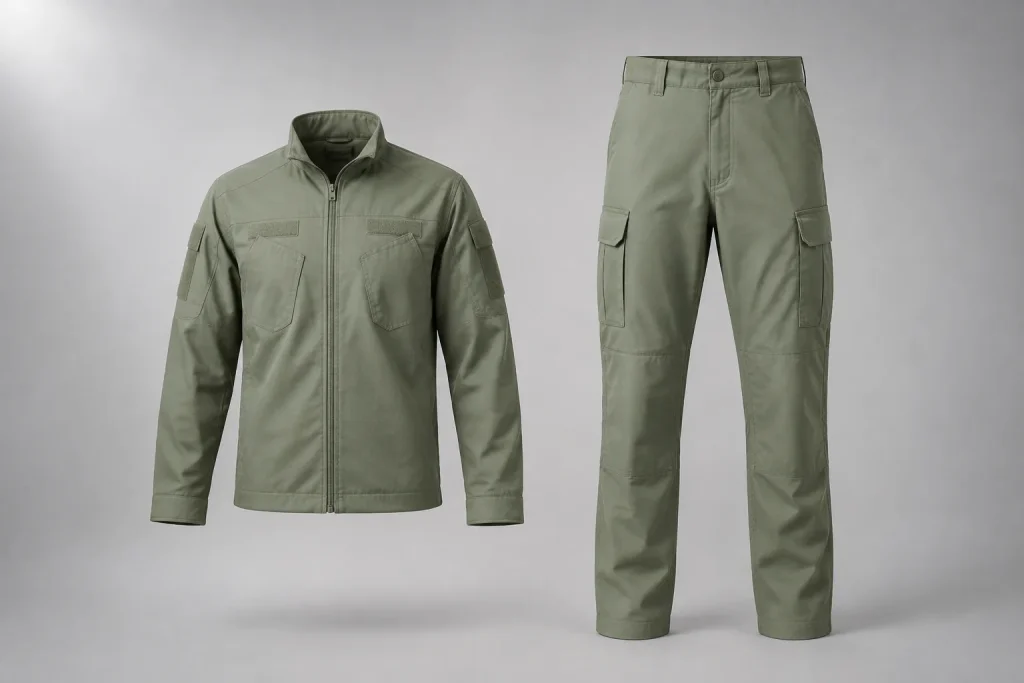 Illustrative sage crew jacket and matching trousers displayed separately.