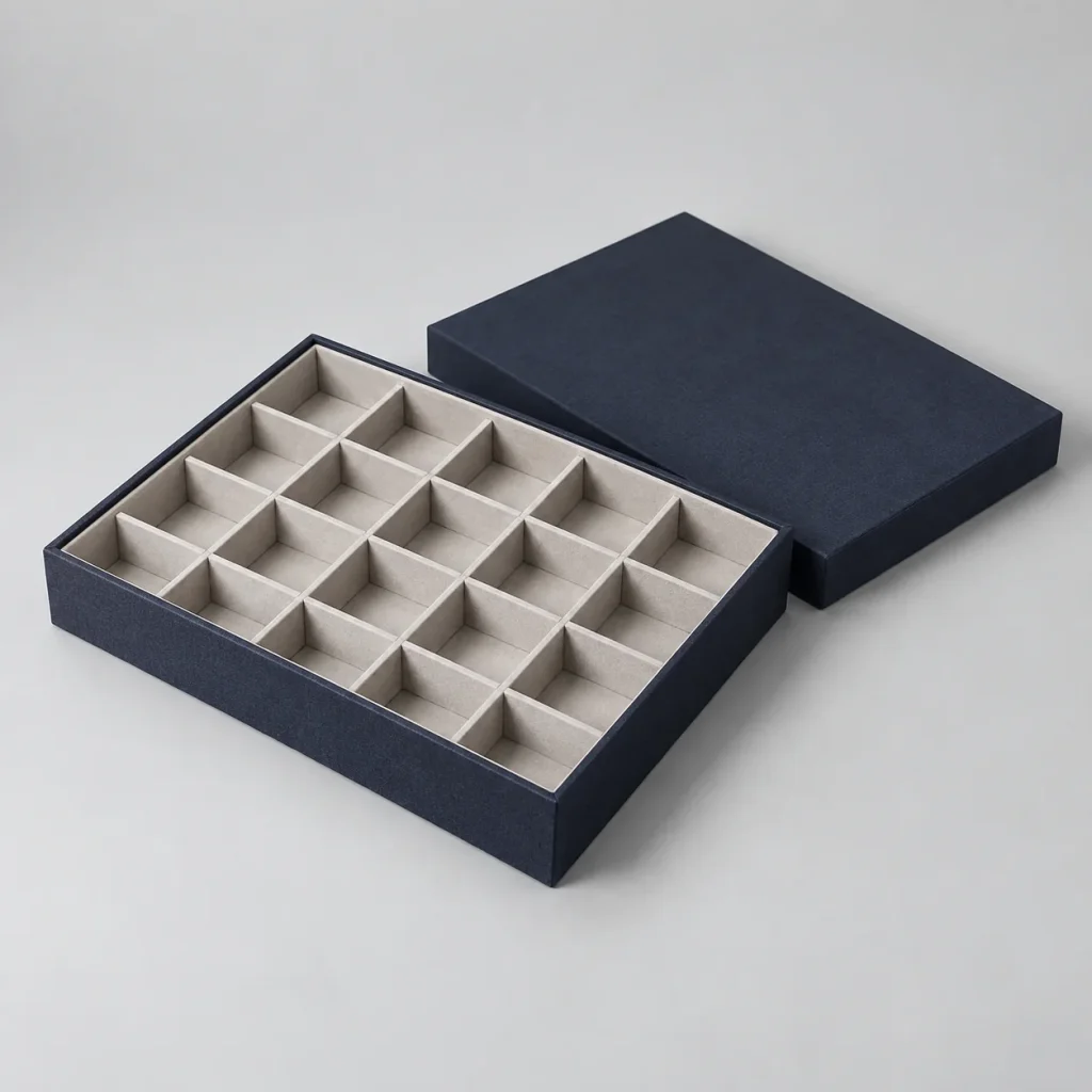 Empty divided storage tray and its separate plain lid.