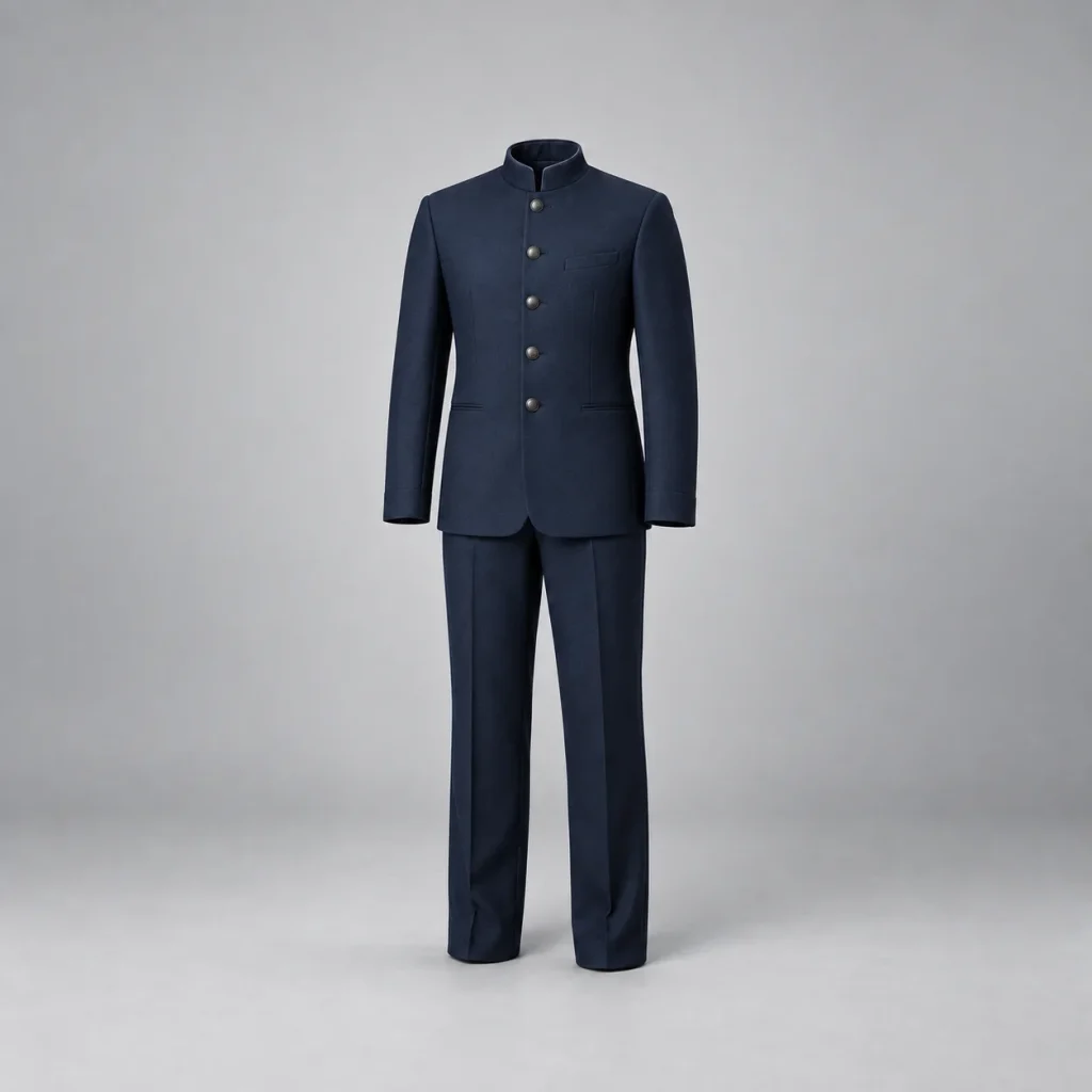Plain navy standing-collar jacket with matching full-length trousers.