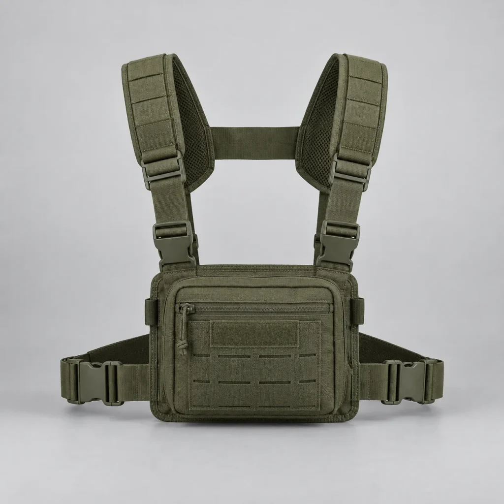 Olive front-carriage rig with utility pockets and visible shoulder and side straps.