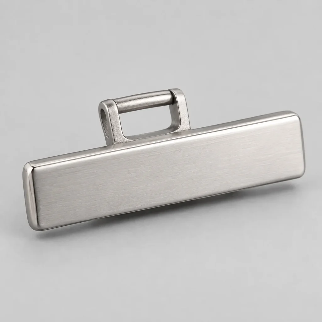 A complete plain silver-tone clasp with an uninscribed face and attachment loop.