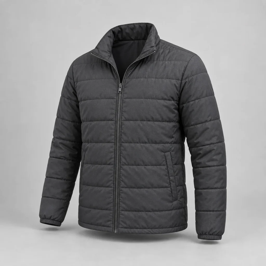 Complete charcoal quilted mid-layer jacket with a front zip and long sleeves.