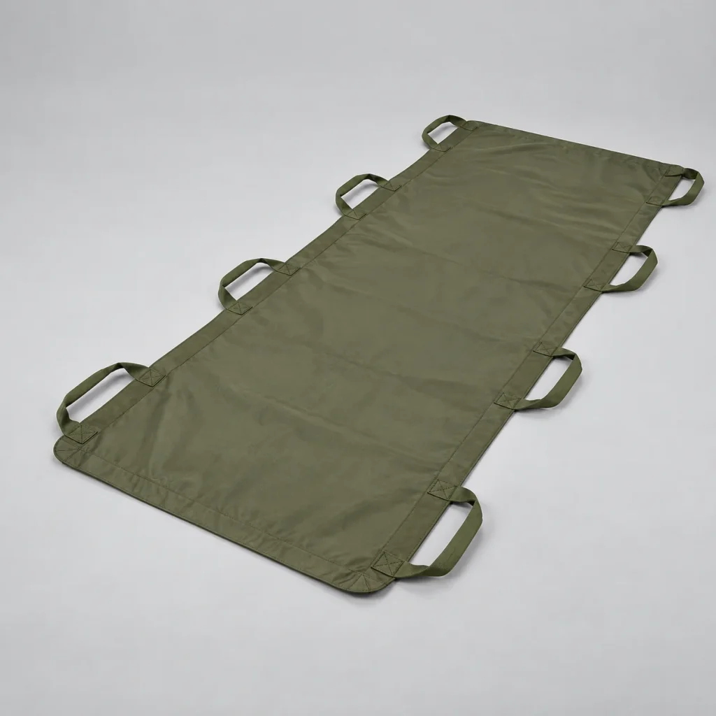 Empty olive carrying sheet laid flat with textile loop handles.