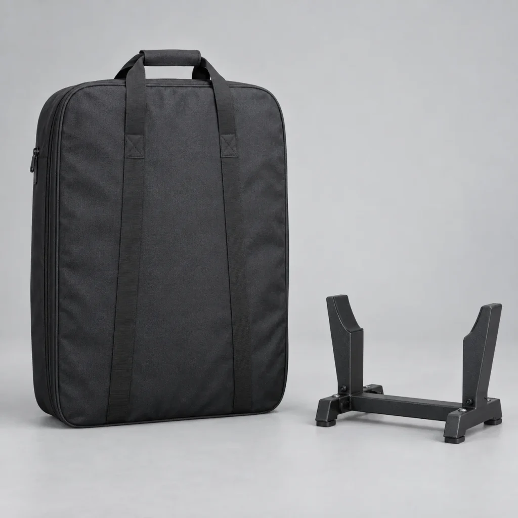 Closed charcoal shield carry bag beside a separate empty resting support.