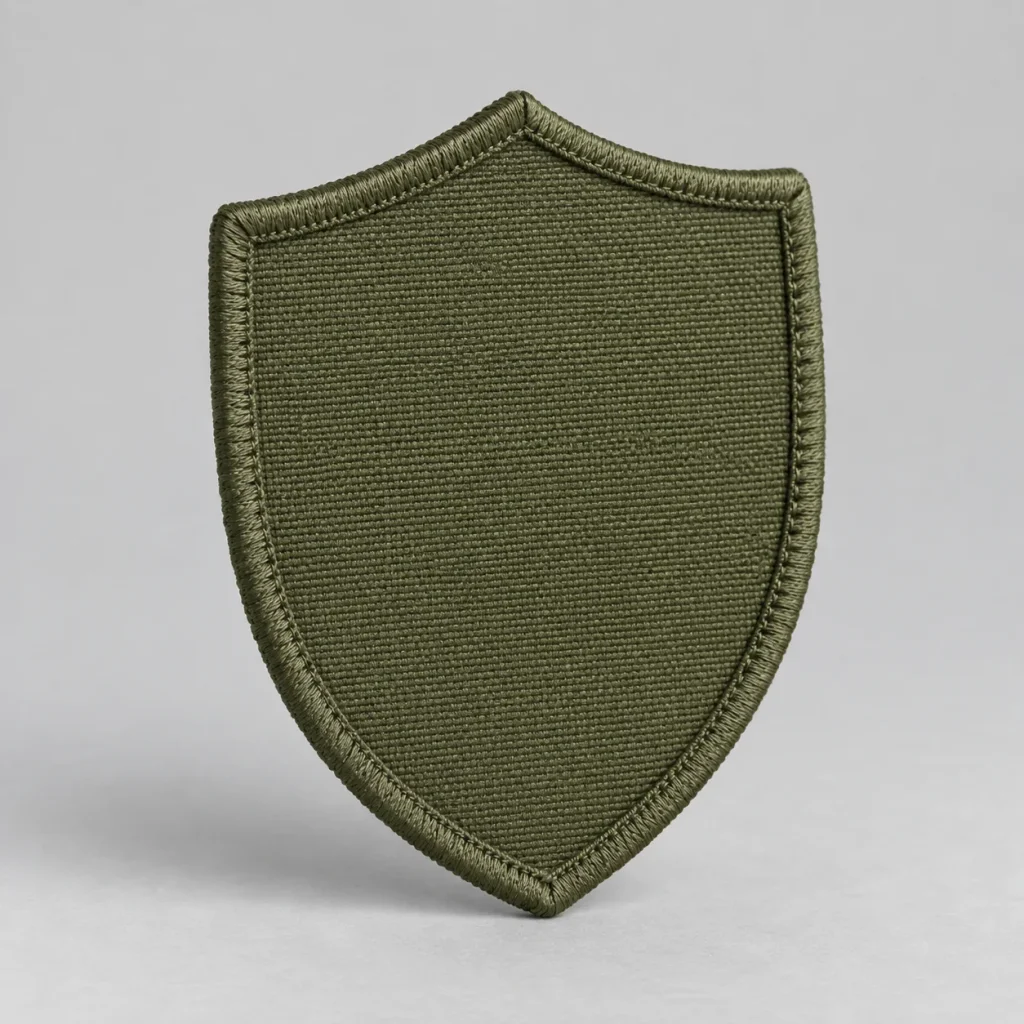 Unmarked olive shield-shaped fabric patch with a stitched border.