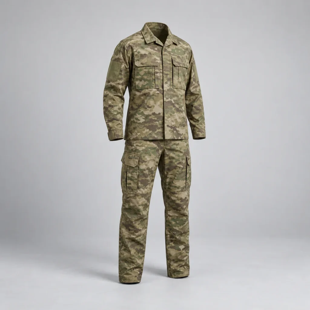 Camouflage field shirt-jacket and matching full-length cargo trousers.
