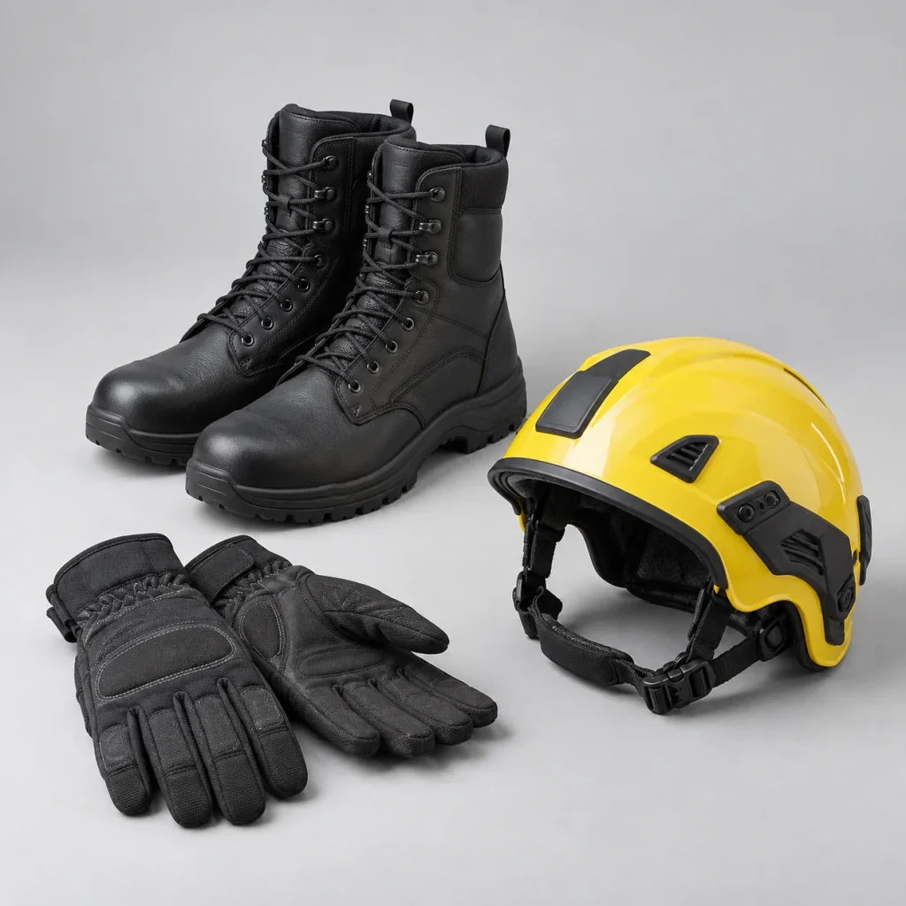 Separate dark gloves, black boots and an unmarked yellow helmet.