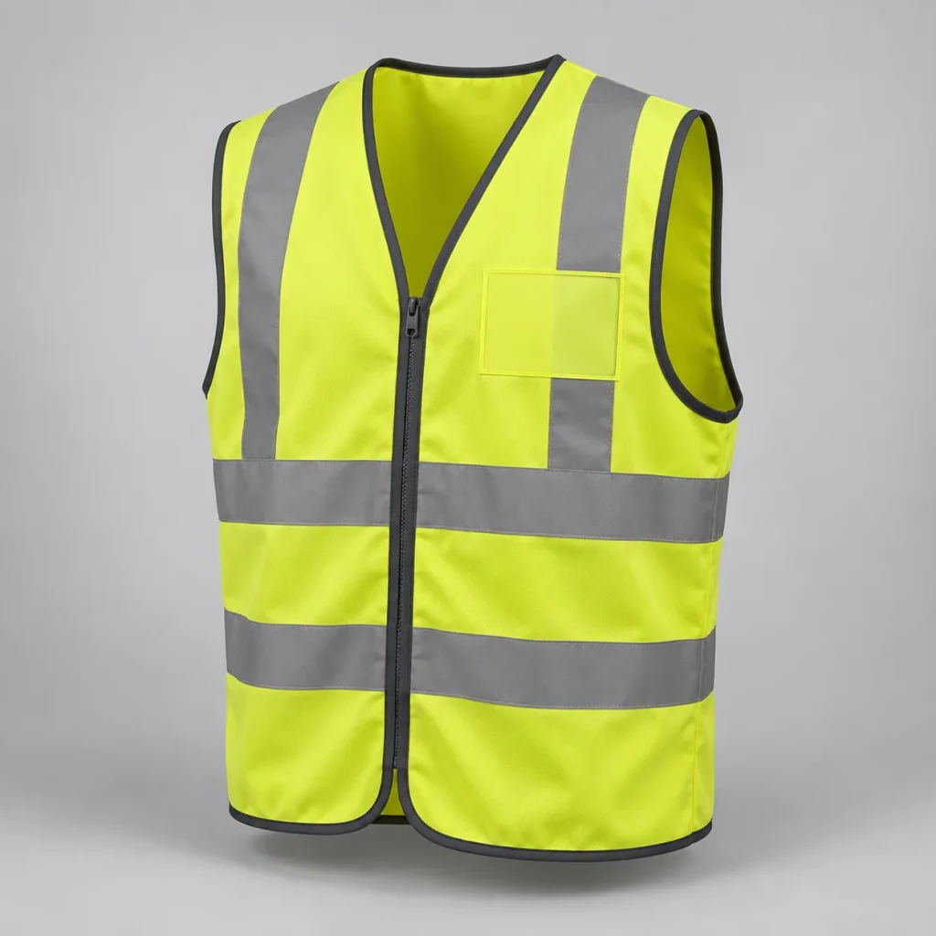 Yellow vest showing grey bands, front closure and an identity panel.
