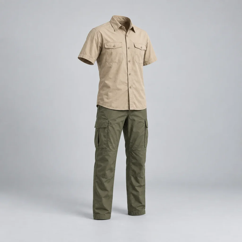 Sand short-sleeve field shirt and olive full-length cargo trousers.