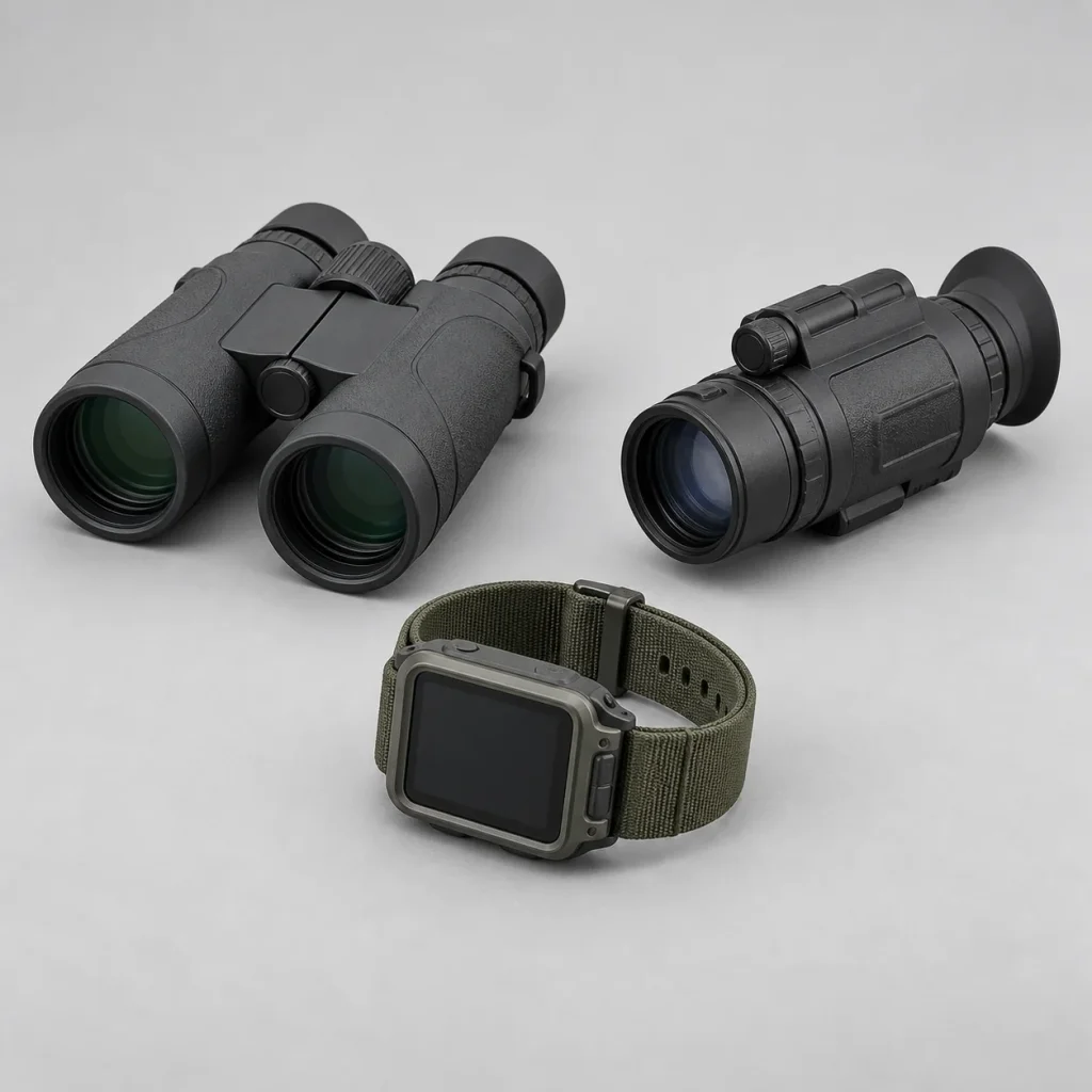 Separate binoculars, monocular-shaped optic and wrist device with an inactive screen.