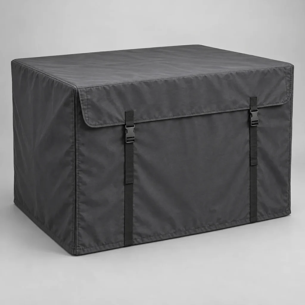 A charcoal fabric cover over a rectangular load, with a flap and closure straps.