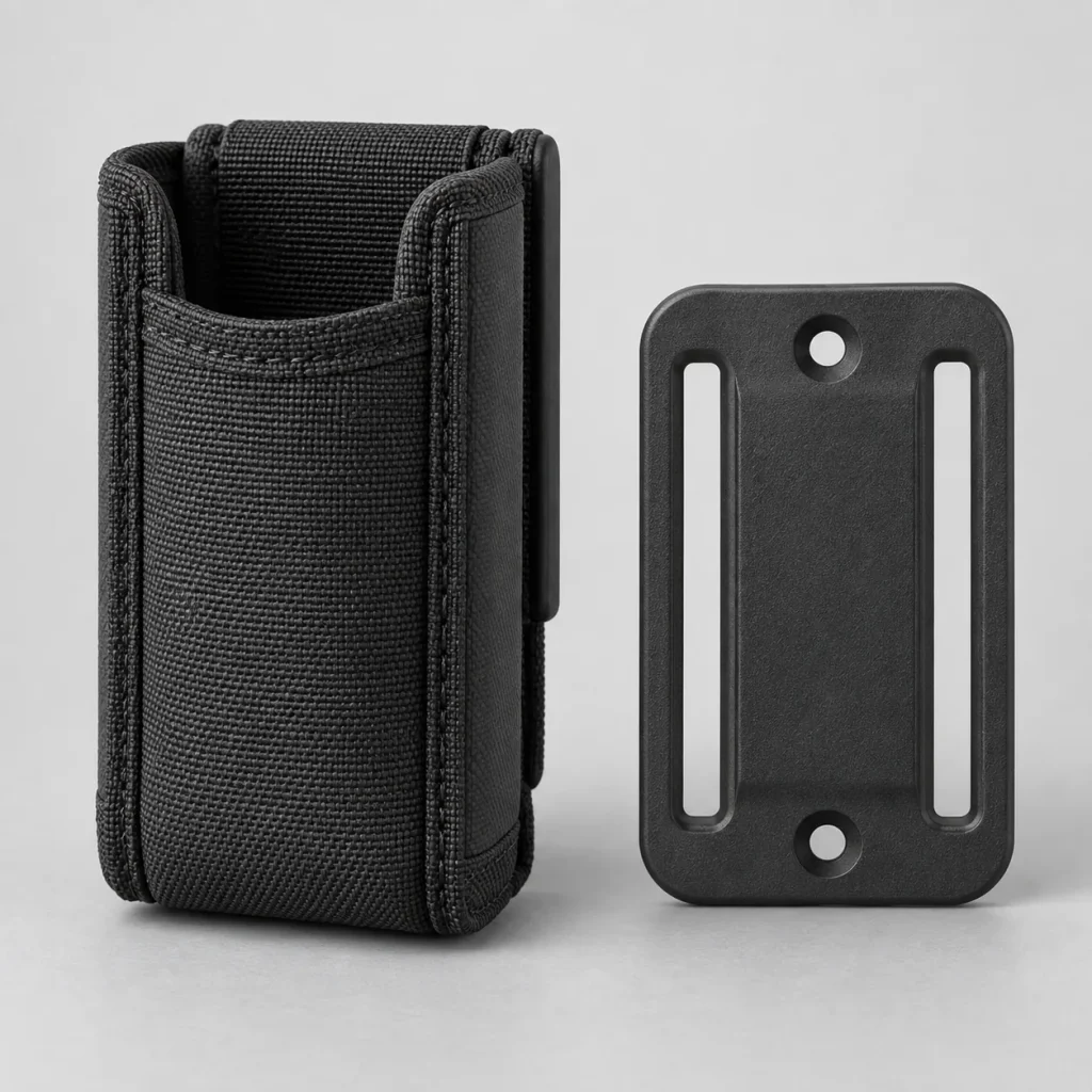 An empty dark equipment holder and a separate plain mounting tab.