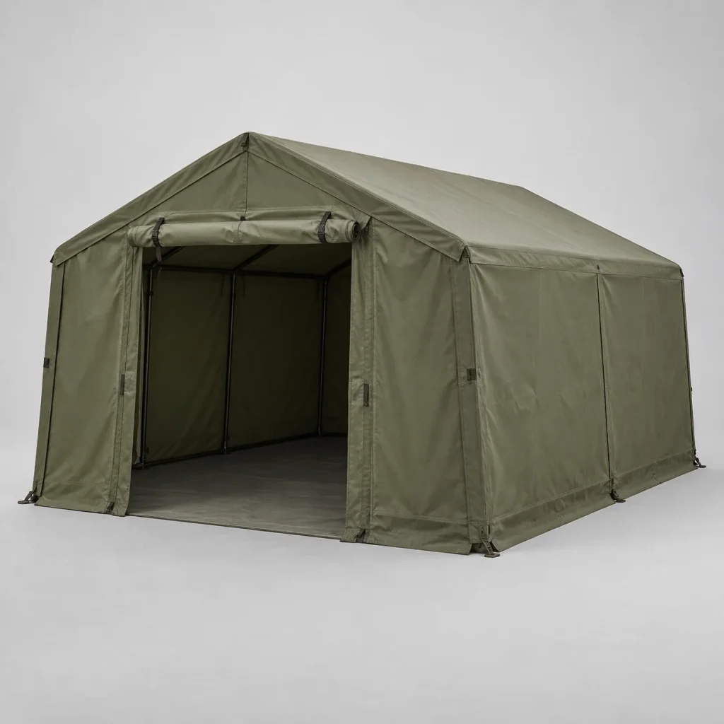 An unoccupied olive shelter with its complete roof, entrance and ground edges visible.