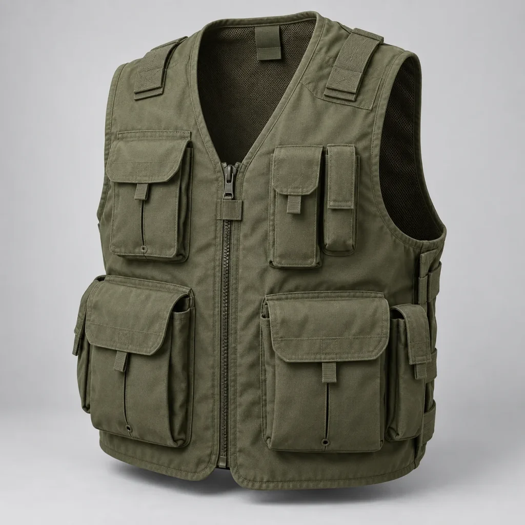 Olive crew-style vest with a front opening, closed utility pockets and sizing tabs.