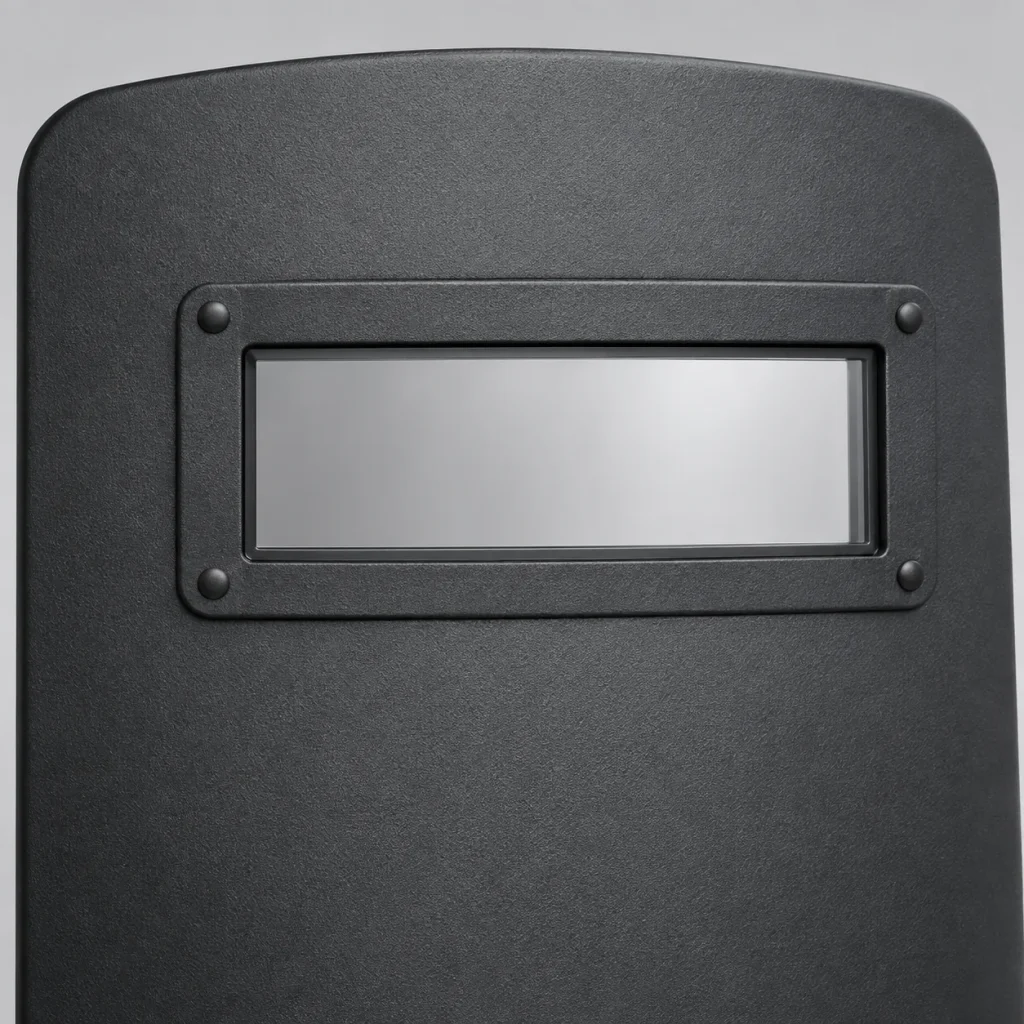 Rectangular viewing aperture and border in the upper section of a dark shield.