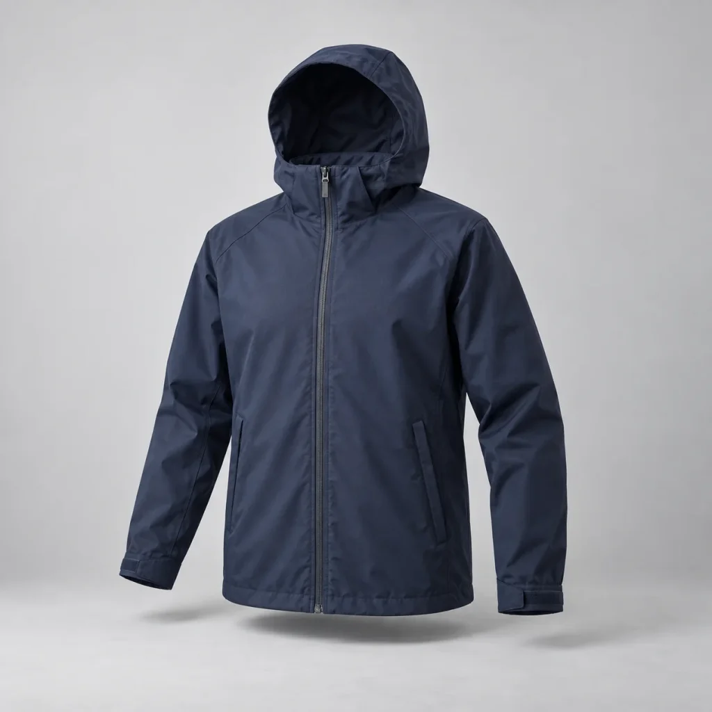 Navy hooded outer jacket with a front zip, long sleeves and a clear lower hem.