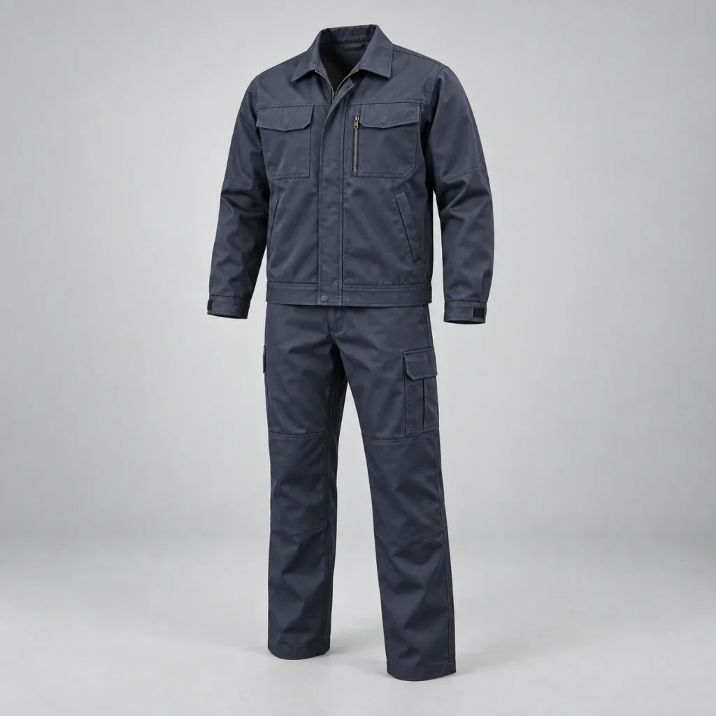 Complete dark workwear jacket and trousers.