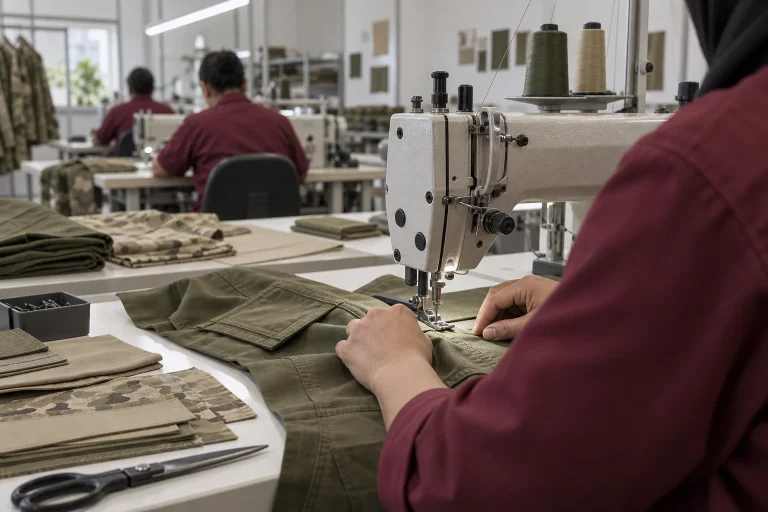 Concept image of an operator sewing olive uniform fabric at an industrial sewing station.